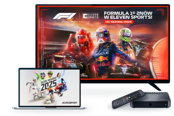 Ekran telewizora wyświetla scenę wyścigu Formuły 1, obok znajduje się laptop pokazujący wydarzenie kolarskie, a na niebieskim tle leżą pilot i dekoder.