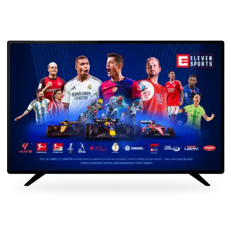 Televizor na którym znajdują sie piłkarze w rogu napis evlen sport
